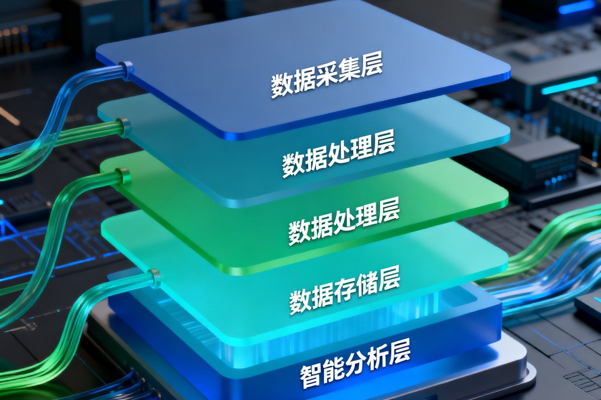 沙巴云原生数据中台的三维架构渲染图，多层数据管线以不同颜色区分，展示从数据采集到智能分析的全链路