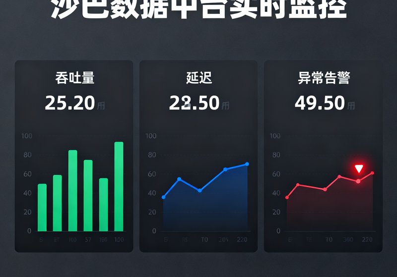 沙巴数据中台的实时监控仪表盘，展示着数条数据管线的吞吐量、延迟和异常告警信息